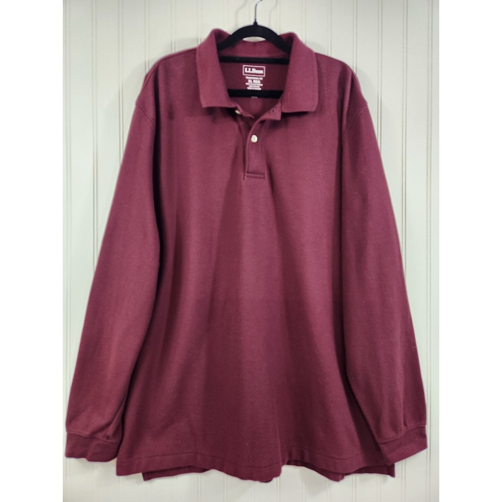 LL Bean Mens XL Long Sleeve Polo Shirt Maroon Burgundy Cotton Pique Outdoor